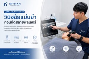ตรวจด้วยอัลตราซาวด์ความละเอียดสูง เพื่อตรวจหาสารเติมเต็มที่เคลื่อนตำแหน่ง และประเมินความสัมพันธ์กับหลอดเลือดและโครงสร้างสำคัญบริเวณนั้น